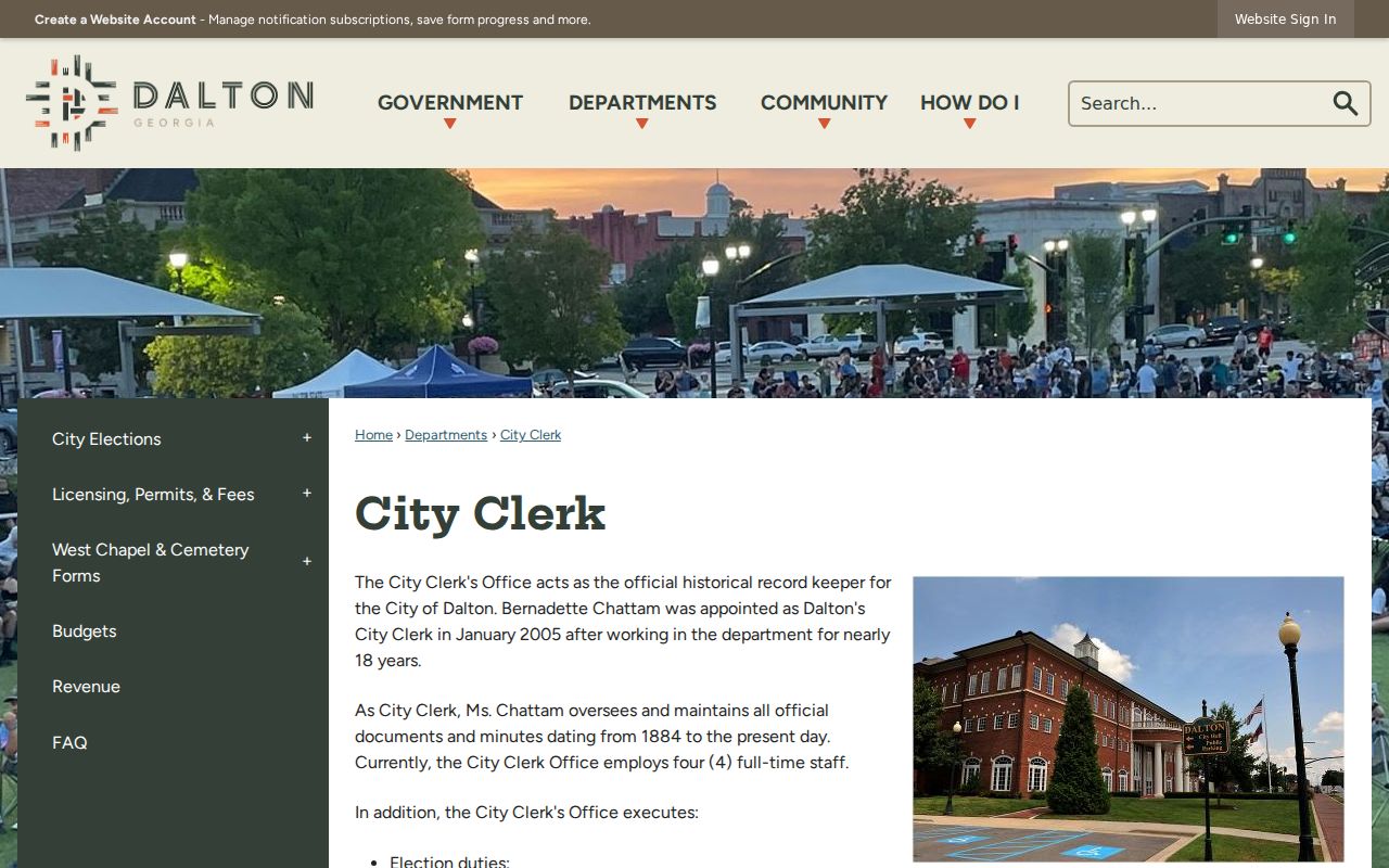 Dalton City Clerk page for municipal records beginning in 1884