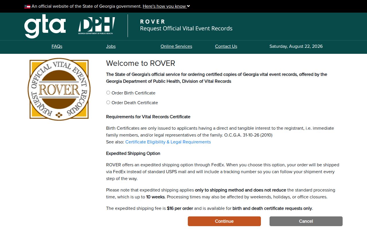 Georgia ROVER certificate ordering options for Dalton research