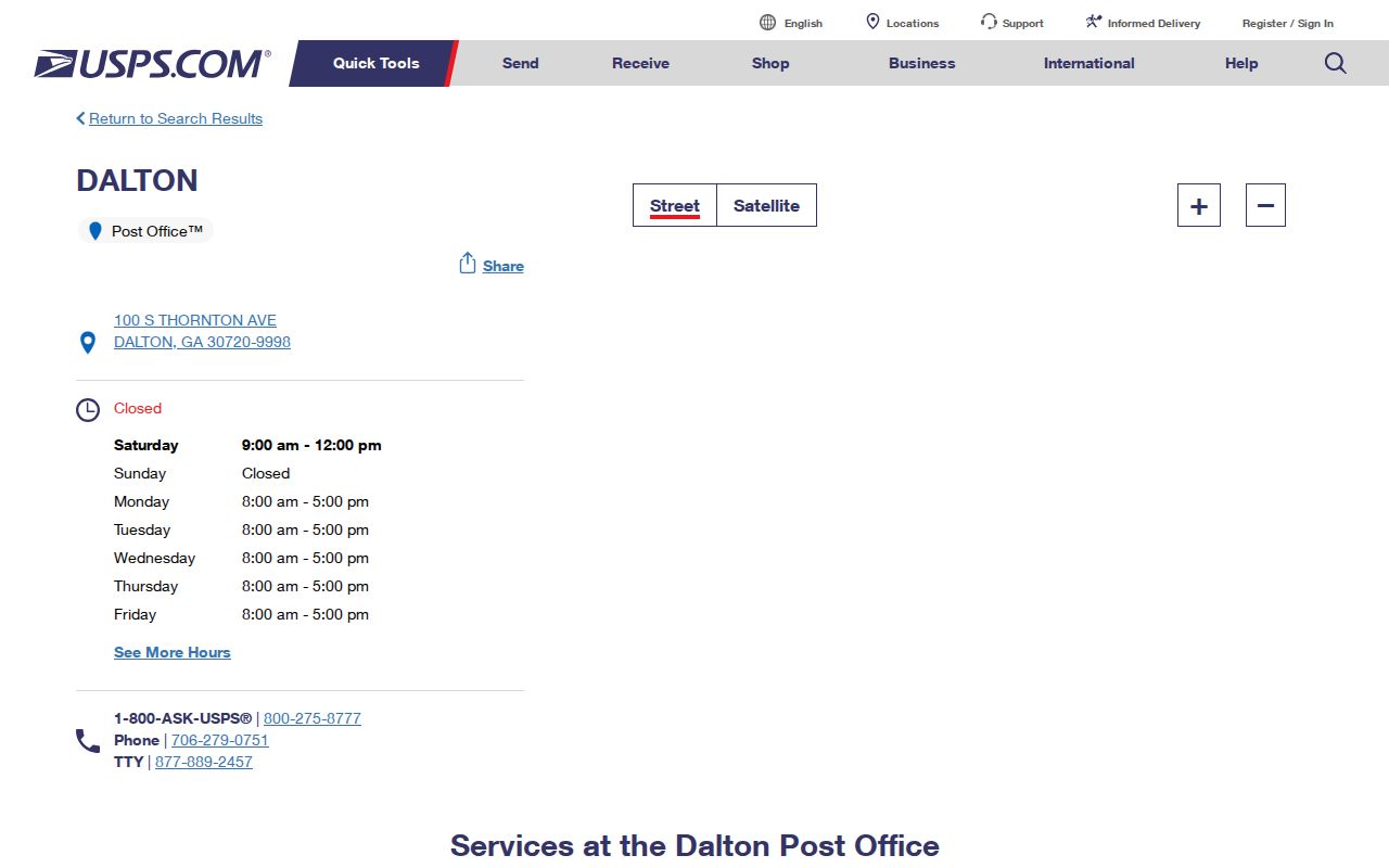 USPS Dalton post office listing for 30720 and 30721
